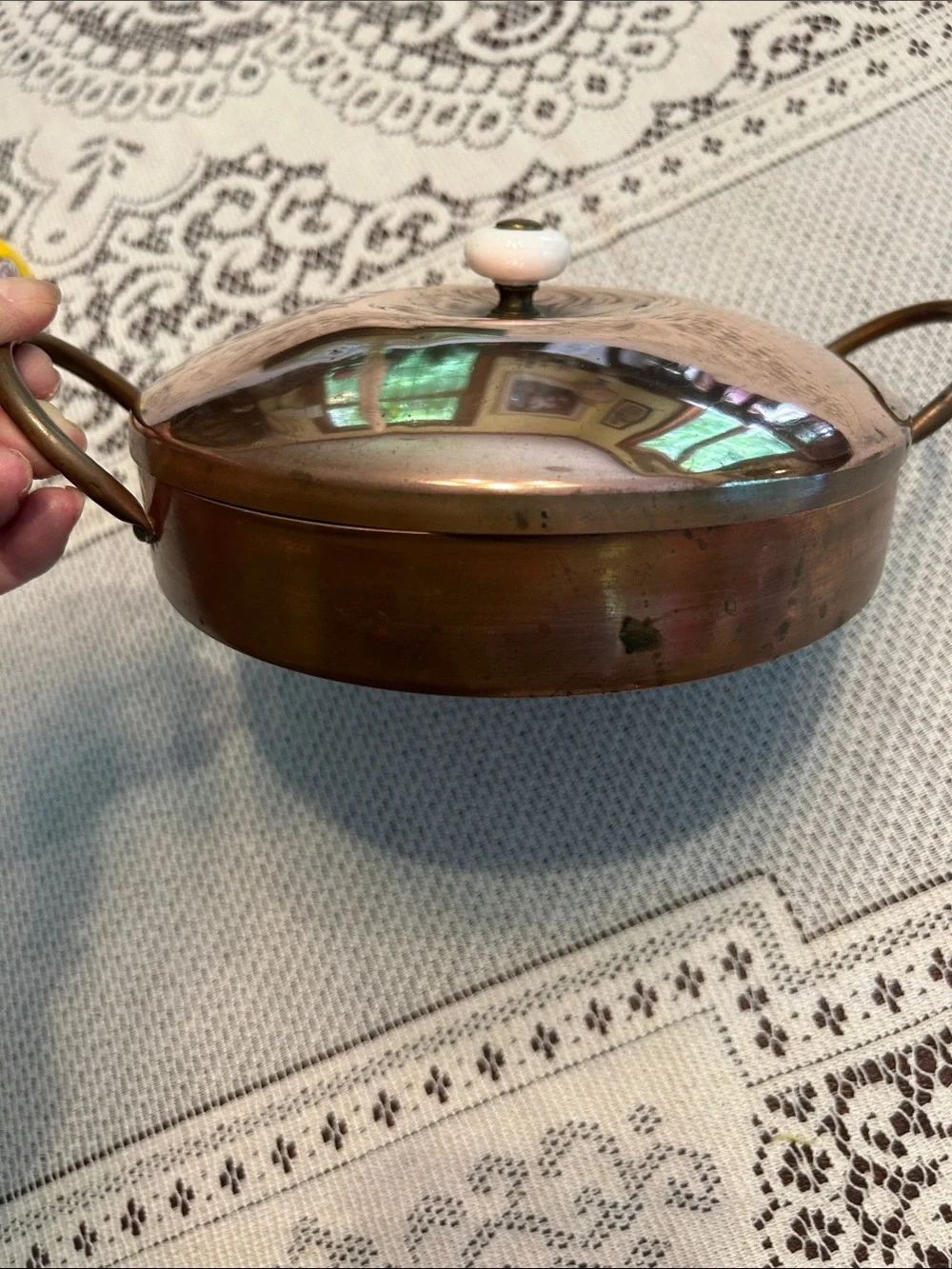 Vintage Antique Copper Two-Handled Covered Dish with White Knob 8” by 10”